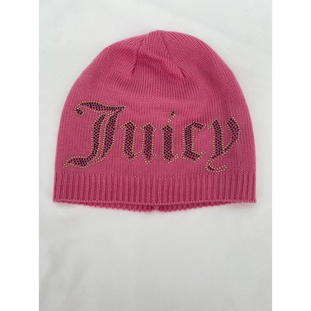 Juicy Couture Pink Rhinestone Logo Knit Beanie Hat Cap O/S